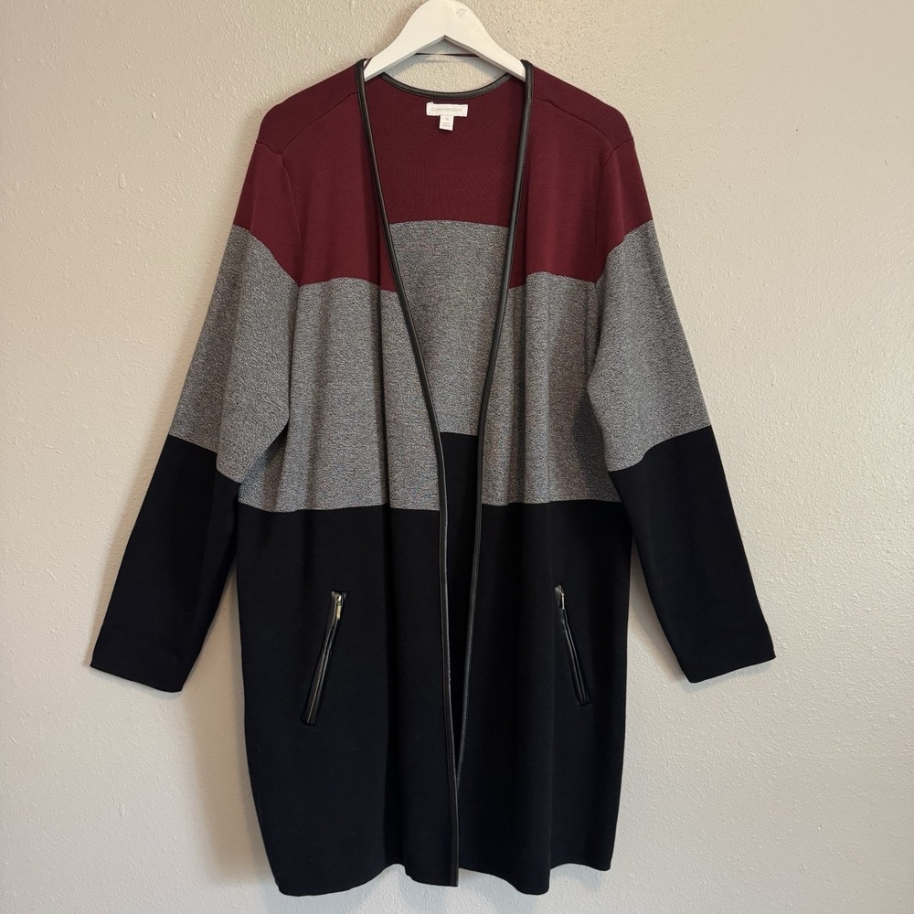 Charter Club 3X 100% Cotton Colorblock Cardigan Open Front Faux Leather Trim